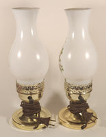 Vintage White Milk Glass Pink Rose Flower Decor 12 1/4" Tall Hurricane Oil Lamp Electric Plug In Table Light Set of 2