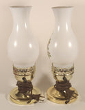 Vintage White Milk Glass Pink Rose Flower Decor 12 1/4" Tall Hurricane Oil Lamp Electric Plug In Table Light Set of 2