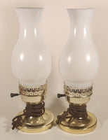 Vintage White Milk Glass Pink Rose Flower Decor 12 1/4" Tall Hurricane Oil Lamp Electric Plug In Table Light Set of 2