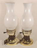 Vintage White Milk Glass Pink Rose Flower Decor 12 1/4" Tall Hurricane Oil Lamp Electric Plug In Table Light Set of 2