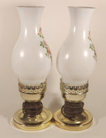 Vintage White Milk Glass Pink Rose Flower Decor 12 1/4" Tall Hurricane Oil Lamp Electric Plug In Table Light Set of 2
