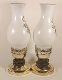 Vintage White Milk Glass Pink Rose Flower Decor 12 1/4" Tall Hurricane Oil Lamp Electric Plug In Table Light Set of 2