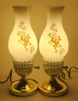 Vintage White Milk Glass Pink Rose Flower Decor 12 1/4" Tall Hurricane Oil Lamp Electric Plug In Table Light Set of 2