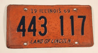 Vintage 1969 Illinois Land of Lincoln Black Letters Orange Embossed Metal Vehicle License Plate Tag 443 117