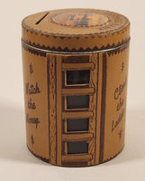 Vintage Vancouver Canada Savings Bank Watch the Money Climb The Ladder Leather Covered Glass Jar Coin Bank