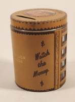 Vintage Vancouver Canada Savings Bank Watch the Money Climb The Ladder Leather Covered Glass Jar Coin Bank