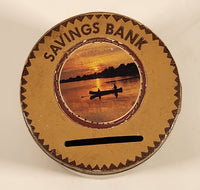 Vintage Vancouver Canada Savings Bank Watch the Money Climb The Ladder Leather Covered Glass Jar Coin Bank
