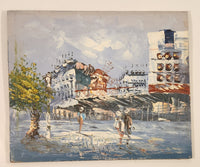 Buildings and Windmill with People Original 7 3/4" x 9 1/2" Hand Painted Oil Paint On Brown Hard Board