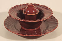 Antique 1930s Franciscan Ware Coronado Swirl Dark Red Burgundy Maroon Sauce Plate Sauce Bowl and Soy Sauce Pourer with Lid Dish Set