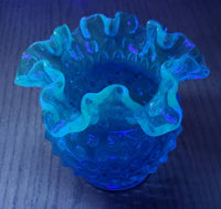 Vintage Fenton Ruffled Edge Hobnail Blue Uranium Glass Flower Vase