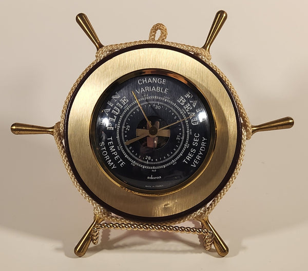 Vintage Adorna Captain's Ship's Wheel Brass Knobbed Wood Cased Barometer with Rope Hanger Made in France