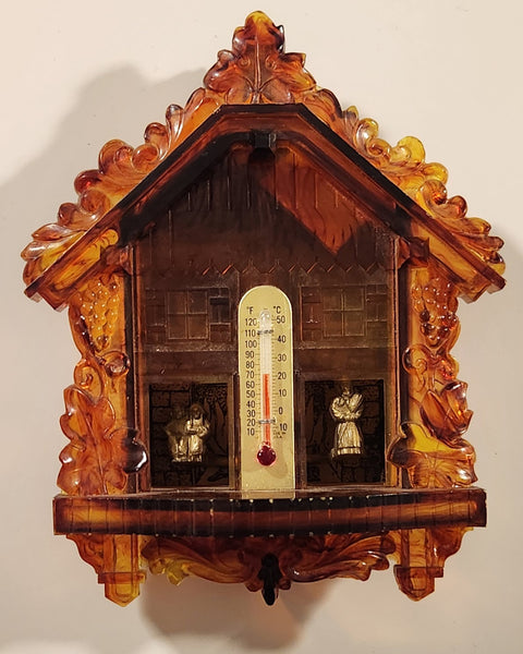 Vintage Mystic Weather Forecaster Hansel and Gretel with Witch Amber Plastic Thermometer Made in U.S.A.