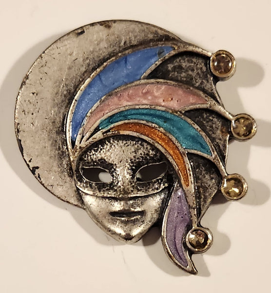 Mardi Gras Carnival Masquerade Mask Rhinestone Enamel 1 7/8" x 2" Pewter Metal Fridge Magnet