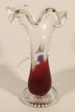 Clear and Blood Red Ruffled Edge with Applied Clear and Blue Small Song Bird 6" Blown Art Glass