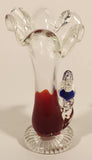 Clear and Blood Red Ruffled Edge with Applied Clear and Blue Small Song Bird 6" Blown Art Glass