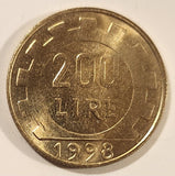 1998 Italy 200 Lire Bronzital Metal Coin