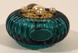 Antique Czech Jeweled Ornate Gold Design with Pearls Green Ribbed Glass Miniature 2" Perfume Bottle