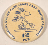 Rare 1978 Carnaval D'Hiver Parc James Park Winter Carnival 492 Snoopy Skating with Broom 2 1/4" Round Button Pin