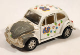 Volkswagen Beetle Bug #68 White with Paw Prints Pull Back Die Cast Toy Car Vehicle with Opening Doors
