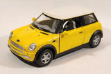 Kinsmart New Mini Cooper Yellow with White Roof Pull Back 1/28 Scale Die Cast Toy Car Vehicle with Opening Doors