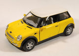 Kinsmart New Mini Cooper Yellow with White Roof Pull Back 1/28 Scale Die Cast Toy Car Vehicle with Opening Doors