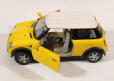 Kinsmart New Mini Cooper Yellow with White Roof Pull Back 1/28 Scale Die Cast Toy Car Vehicle with Opening Doors