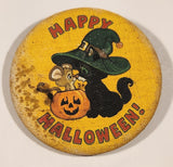 1979 Hallmark Cards Happy Halloween! Black Cat with Mouse in Jack-O-Lantern 2 1/4" Thin Fabric Covered Round Button Pin