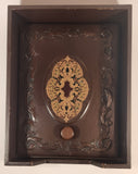 Vintage Ornate Design Dark Brown Wood Paper Memo Holder Tray With Weighted Leather Security Cover