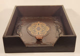 Vintage Ornate Design Dark Brown Wood Paper Memo Holder Tray With Weighted Leather Security Cover