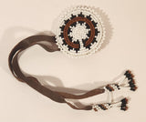 Vintage Native American Beaded Brown and White Leather String Ceremonial Hair Tie