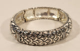 Alternating Ornate Pattern Silver Tone Metal Elastic Bracelet