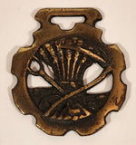 Antique Grain Sickle Wheat Sheaf Harvest Themed Horse Brass Medallion 2 7/8" x 3 1/4"