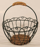 Green Metal Ornate 7 3/4" Basket with Wicker Handle and and Bottom