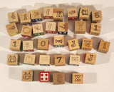 Vintage Wood Engraved Letter Number Pictures Blocks Toys Lot of 32