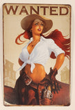 Wanted Wild West Cowgirl with Red Hair Reaching for Revolver in Holster 7 3/4" x 11 3/4" Tin Metal Sign