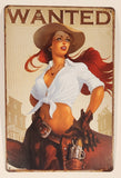 Wanted Wild West Cowgirl with Red Hair Reaching for Revolver in Holster 7 3/4" x 11 3/4" Tin Metal Sign