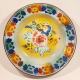 Antique Blue and Red Flower Pattern Hand Painted 9 1/2" Porcelain Enamel Metal Plate Dish