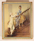 Vintage Victorian Man with Glass of Red Wine and Woman in Blue Dress on Staircase Tin Metal Container