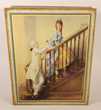 Vintage Victorian Man with Glass of Red Wine and Woman in Blue Dress on Staircase Tin Metal Container