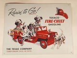 The Texas Company Texaco Dealers In All 48 States Rarin' to Go! Texaco Fire-Chief Gasoline F.D. No 1 Fire Truck with Dalmatian Puppy Dogs 12" x 15 3/4" Tin Metal Sign