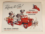 The Texas Company Texaco Dealers In All 48 States Rarin' to Go! Texaco Fire-Chief Gasoline F.D. No 1 Fire Truck with Dalmatian Puppy Dogs 12" x 15 3/4" Tin Metal Sign