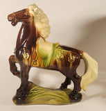 Vintage Chinese Tang Dynasty Brown War Horse with White Mane with Saddle and Medallions Glazed 12 3/4" Ceramic Figurine