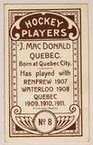 1991 Hockey Immortals C55 A Lancaster Reprint 1911-12 Imperial Tobacco Hockey Players No. 8 J. MacDonald Quebec Mini Sports Trading Card