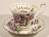 Vintage 1970s Royal Albert Flower of the Month Series September Michaelmas Daisy Purple Flowers Bone China Tea Cup & Saucer Set