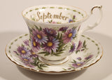 Vintage 1970s Royal Albert Flower of the Month Series September Michaelmas Daisy Purple Flowers Bone China Tea Cup & Saucer Set