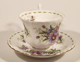 Vintage 1970s Royal Albert Flower of the Month Series September Michaelmas Daisy Purple Flowers Bone China Tea Cup & Saucer Set