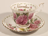 Vintage 1970s Royal Albert Flower of the Month Series November Chrysanthemum Pink Flowers Bone China Tea Cup & Saucer Set