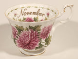 Vintage 1970s Royal Albert Flower of the Month Series November Chrysanthemum Pink Flowers Bone China Tea Cup & Saucer Set