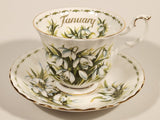 Vintage 1970s Royal Albert Flower of the Month Series January Snowdrops White Flowers Bone China Tea Cup & Saucer Set