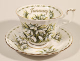 Vintage 1970s Royal Albert Flower of the Month Series January Snowdrops White Flowers Bone China Tea Cup & Saucer Set